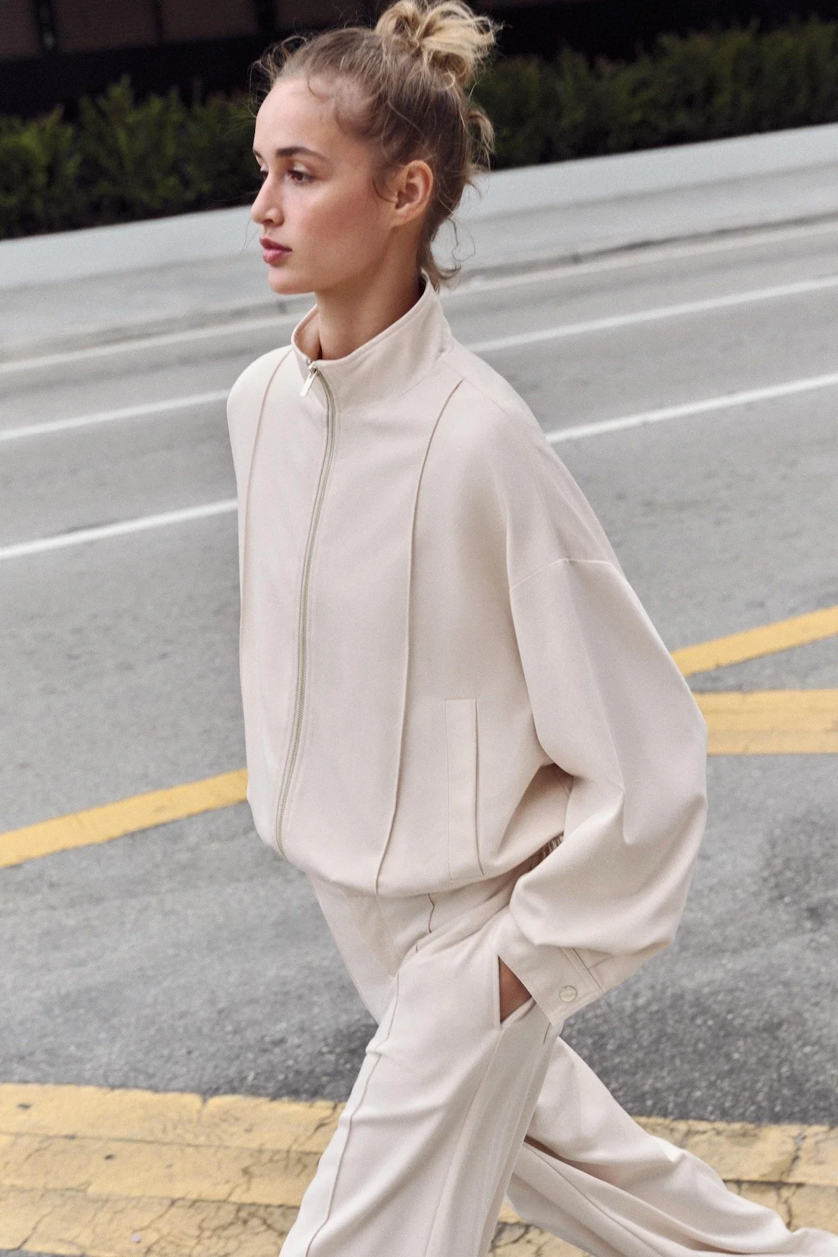 Zara High Collar Bomber Jacket in Ecru, $49.90 at Zara