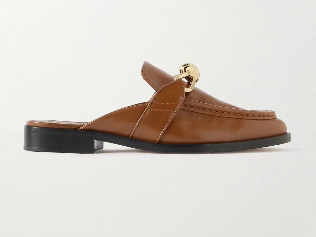 Bottega Veneta Astaire Embellished Leather Slippers in Tan, $1,100 at Net-a-Porter