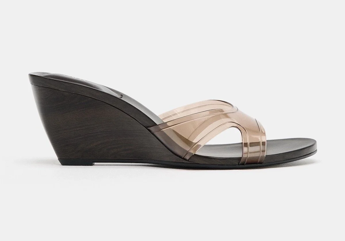 Zara Wedge Sandals With Vinyl Effect, $75.90 at Zara