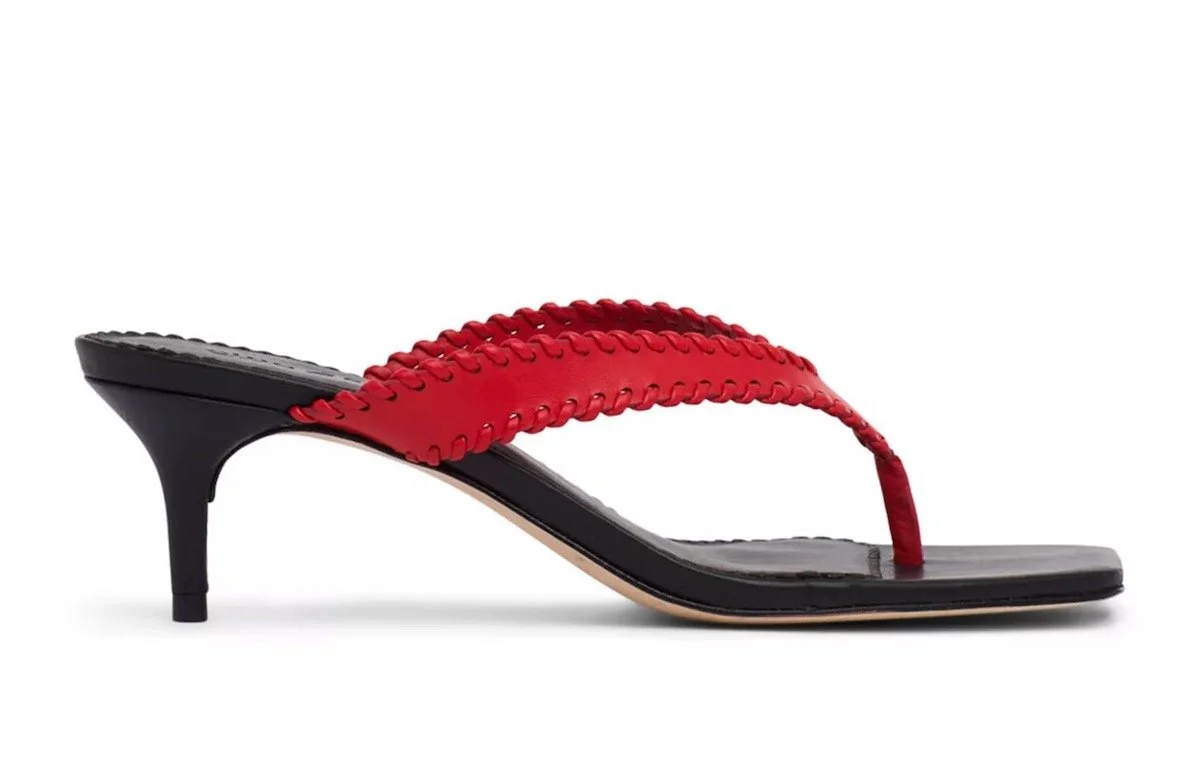 Cinq à Sept Frankie Leather Slide Sandals in Bisou/Black, $295 at Bloomingdale’s