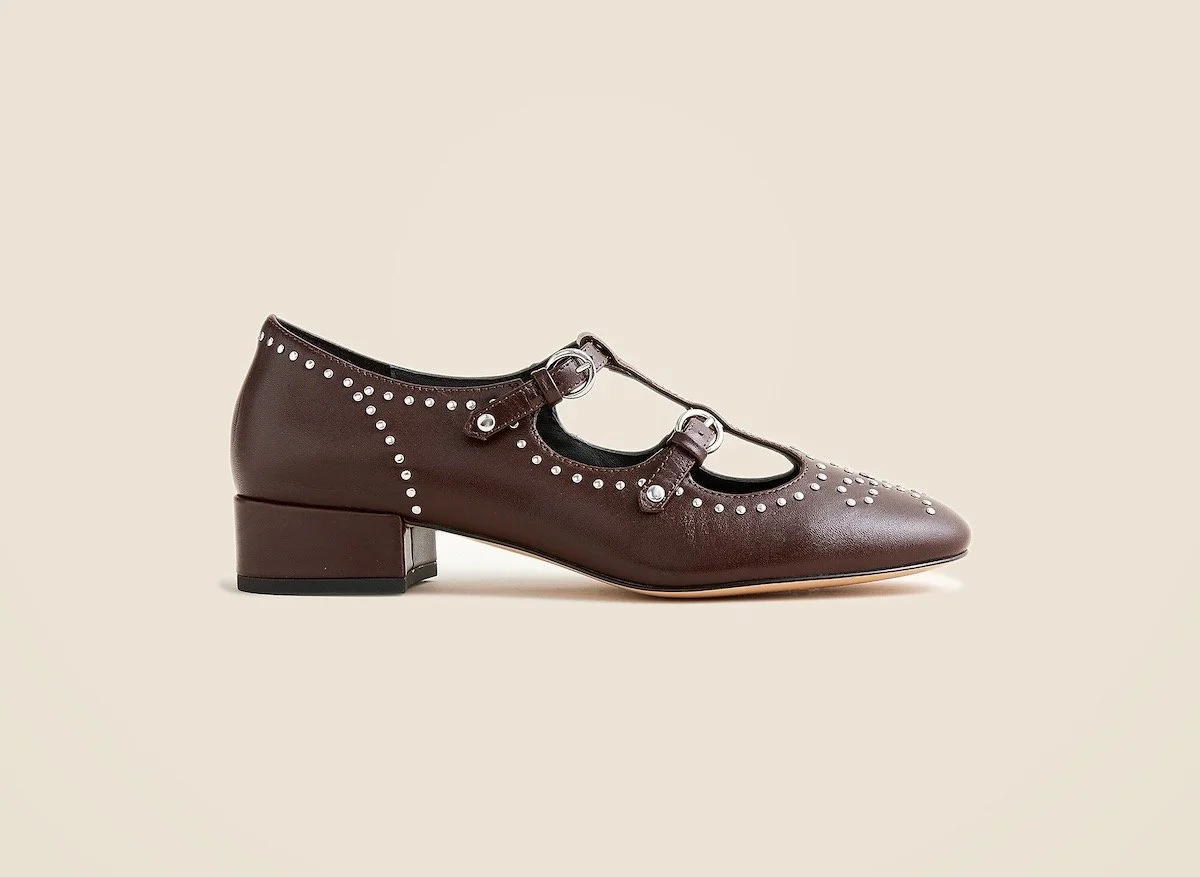 J.Crew Teagan T-Strap Wing Tip Heels in Patent Leather in Milan Brown, $159.50 at J.Crew
