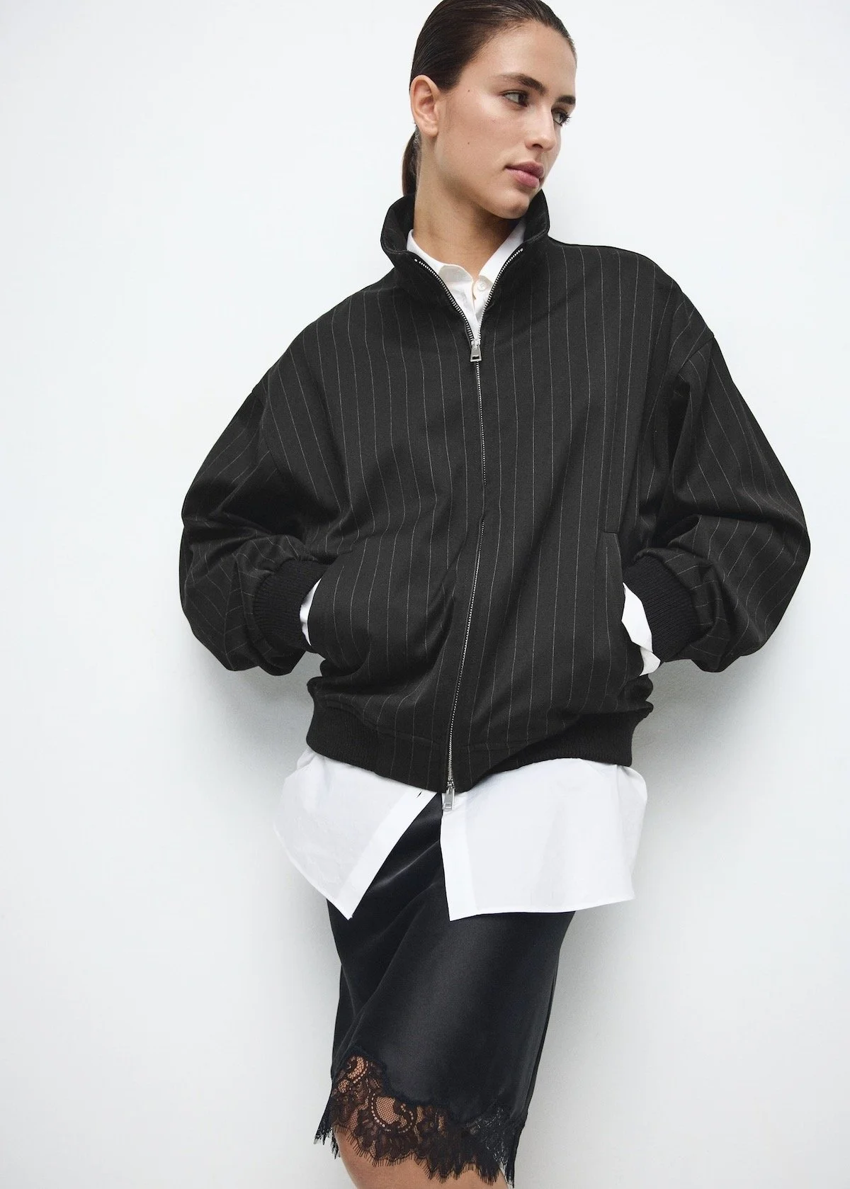 Mango Pinstripe Bomber Jacket, $149.99 at Mango