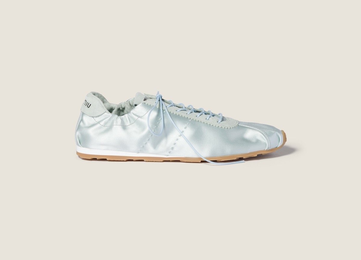 Miu Miu Plume Satin Sneakers in Powder Blue, $995 at Miu Miu