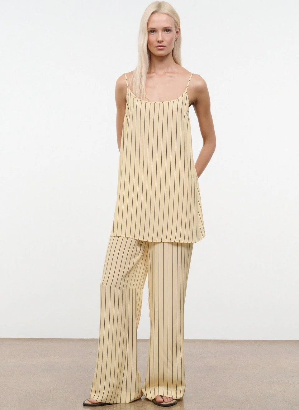Staud Irena Silk Dress Monday Stripe ($345) and Stroll Silk Pant Monday Stripe ($425) at Staud
