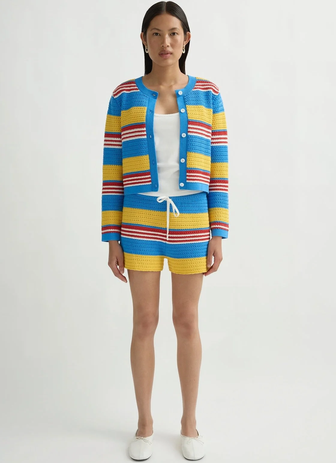 POSSE Tammy Striped Cotton Cardigan ($300) and Tammy Striped Cotton Knit Shorts ($250) at Nordstrom