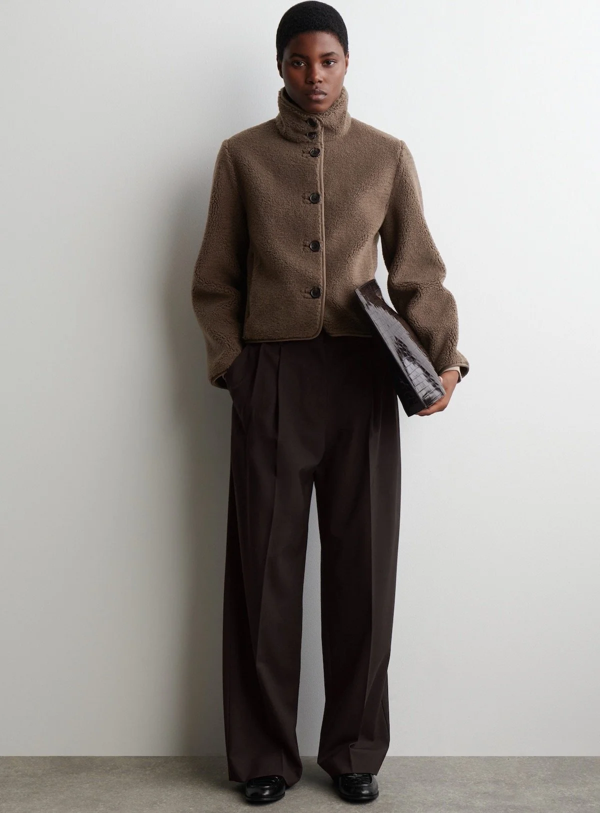 COS Funnel-Neck Teddy Jacket in Brown, $229 at COS
