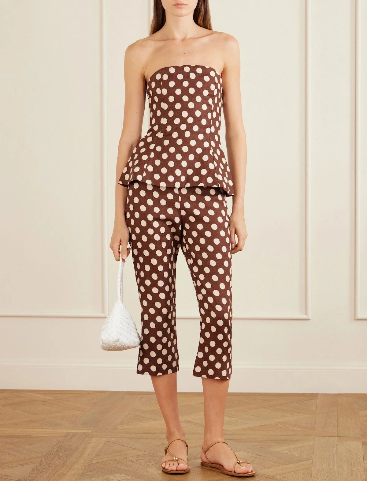 FAITHFULL Valeria Polka-Dot Linen Straight-Leg Capri Pants in Brown, $260 at Net-a-Porter