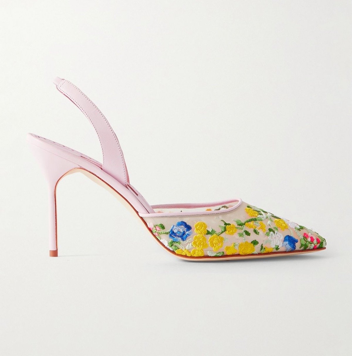 Manolo Blahnik Jardoline 90 Leather-Trimmed Embroidered Mesh Slingback Pumps, $568 at Net-a-Porter