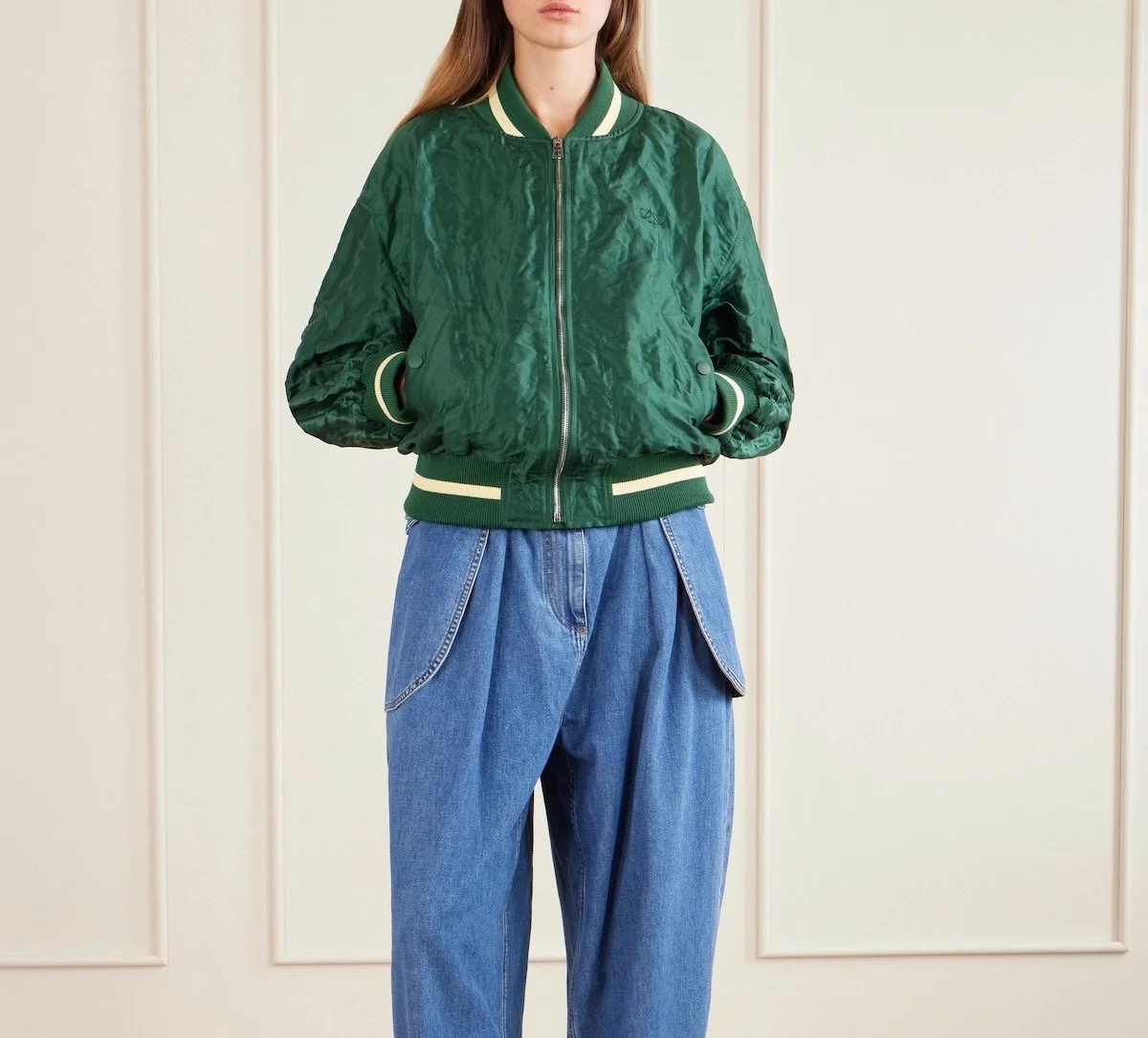 Loewe Anagram Crinkled Satin-Twill Bomber Jacket in Dark Green, $3,600 at Net-a-Porter
