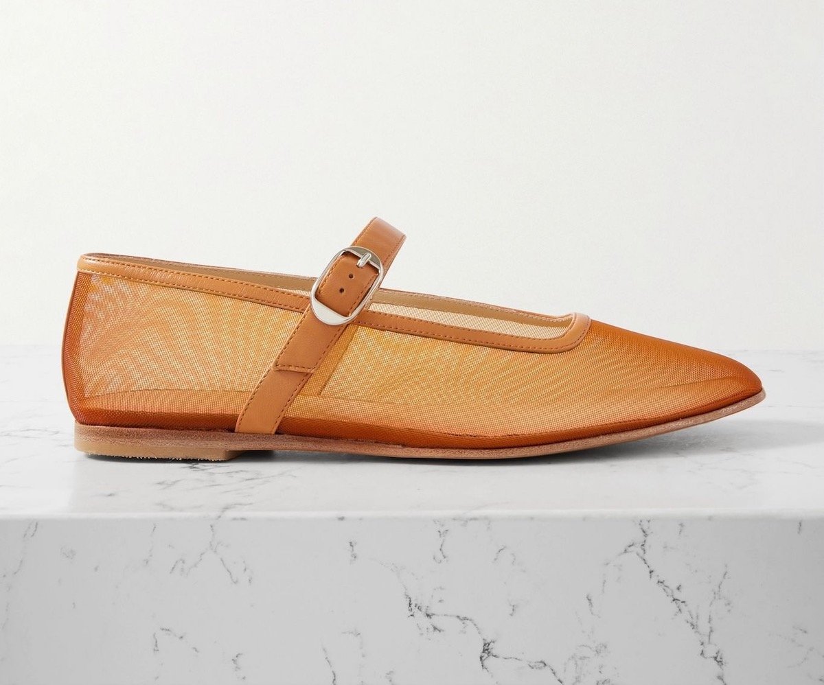 Le Monde Béryl Patent Leather-Trimmed Mesh Mary Jane Ballet Flats in Tan, $555 at Net-a-Porter
