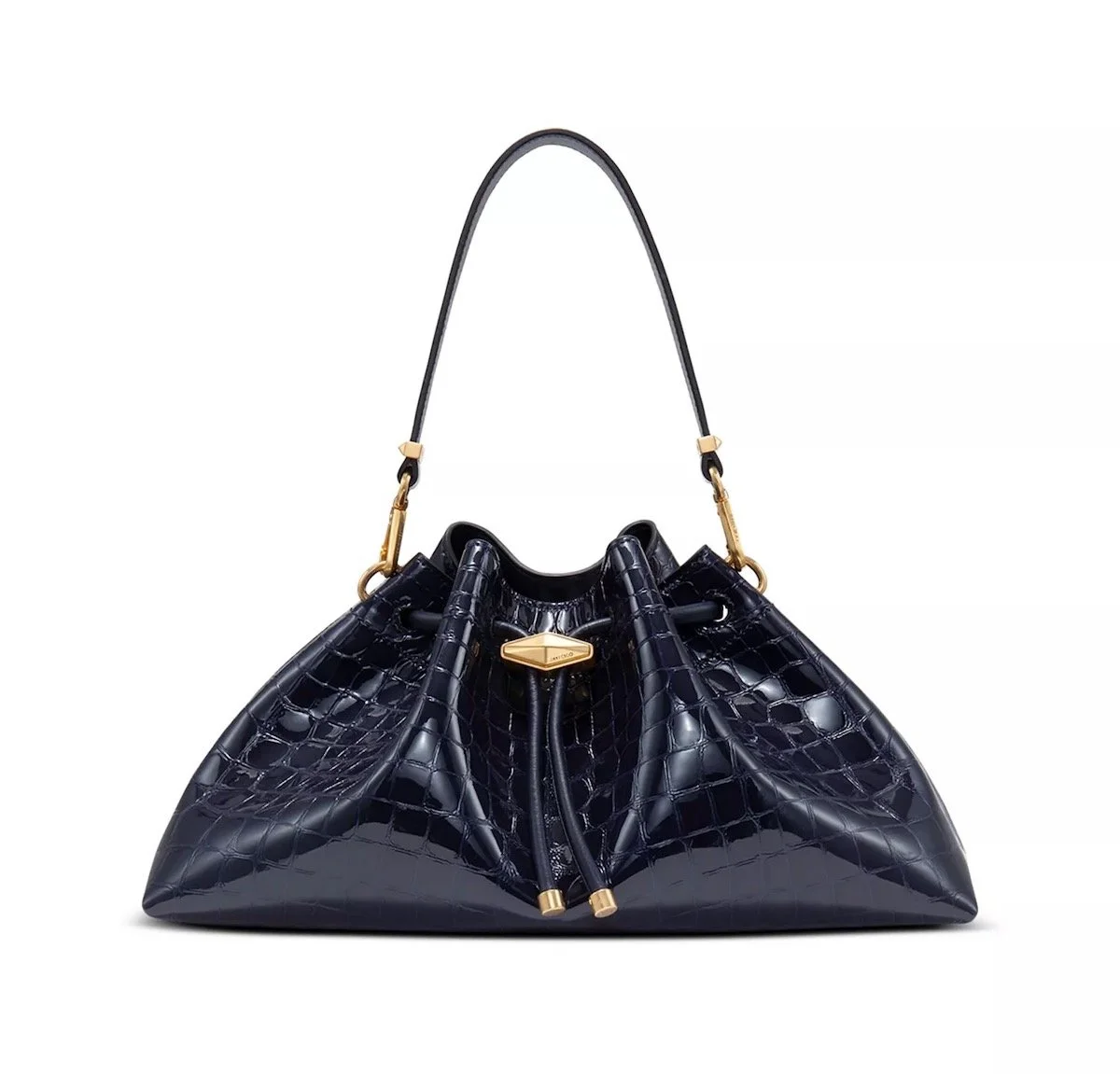 Jimmy Choo Cinch M Shiny Embossed Leather Shoulder Bag in Marine/Gold, $2,195 at Bloomingdale's