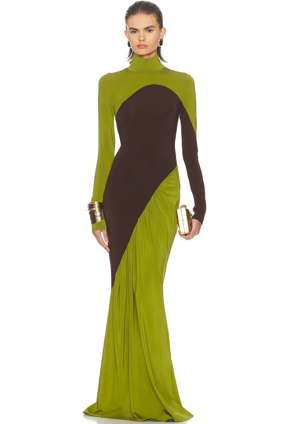 Helsa The Abstraction Color Blocked Jersey Dress in Pistachio & Coffee Bean, $498 at Revolve