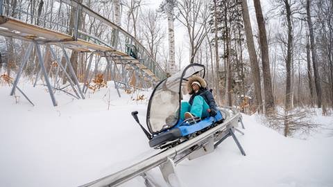 A person sitting in a snowmobile on snowy ground in a forested area with bare trees.