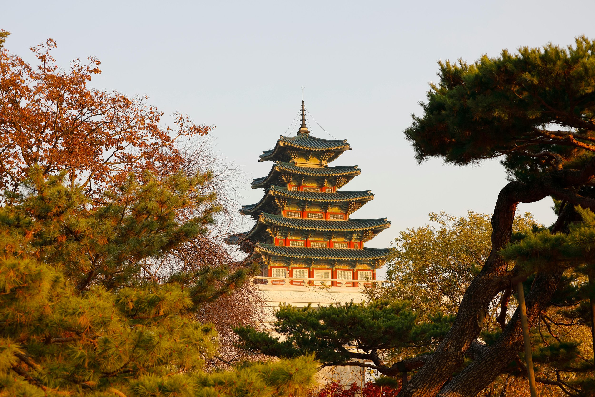 Traditional multi-tiered pagoda in a park, surrounded by autumn trees with colorful leaves.