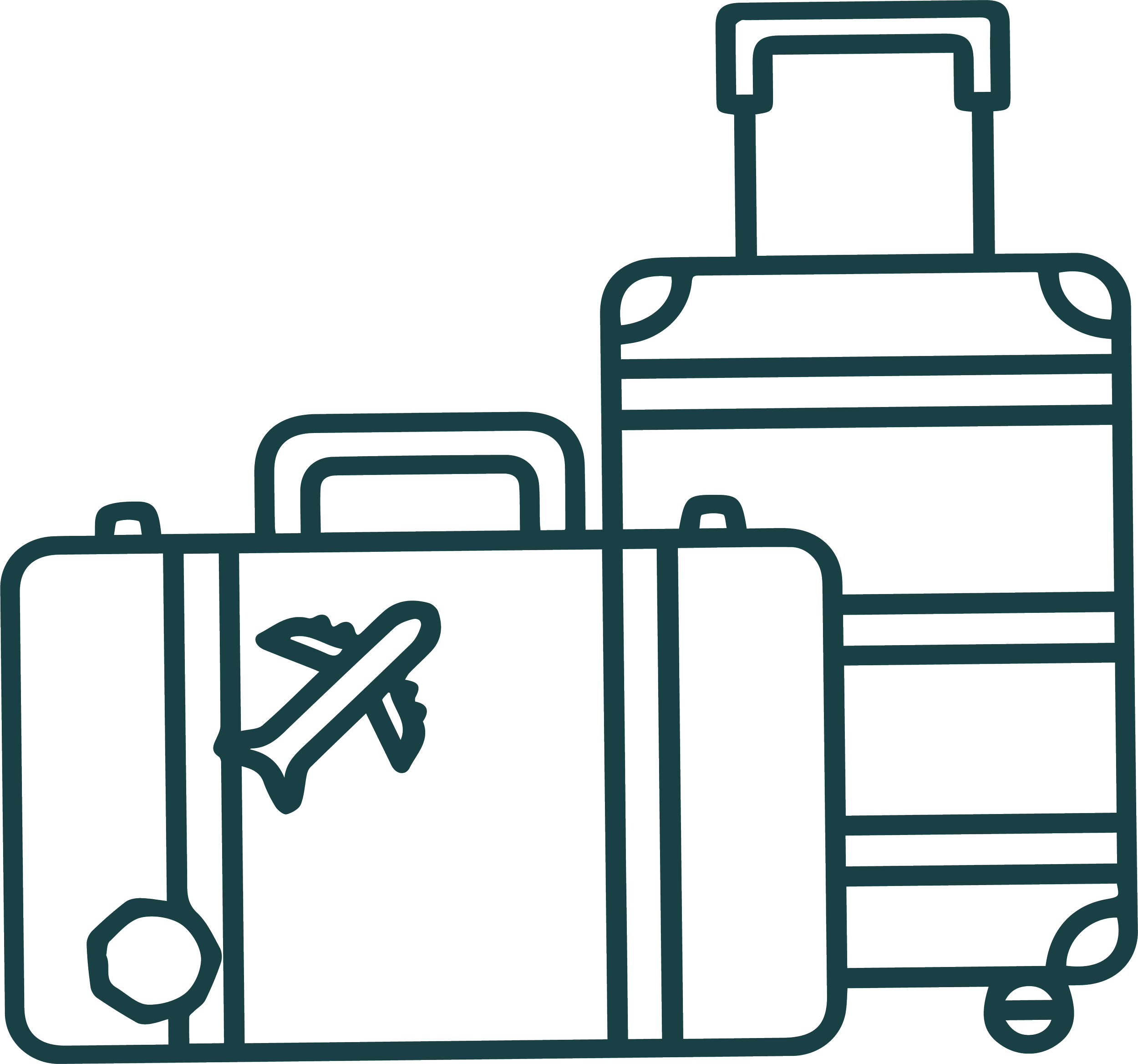 Line drawing of two suitcases, one with an airplane symbol, indicating travel, and the other plain, both with extended handles and wheels.