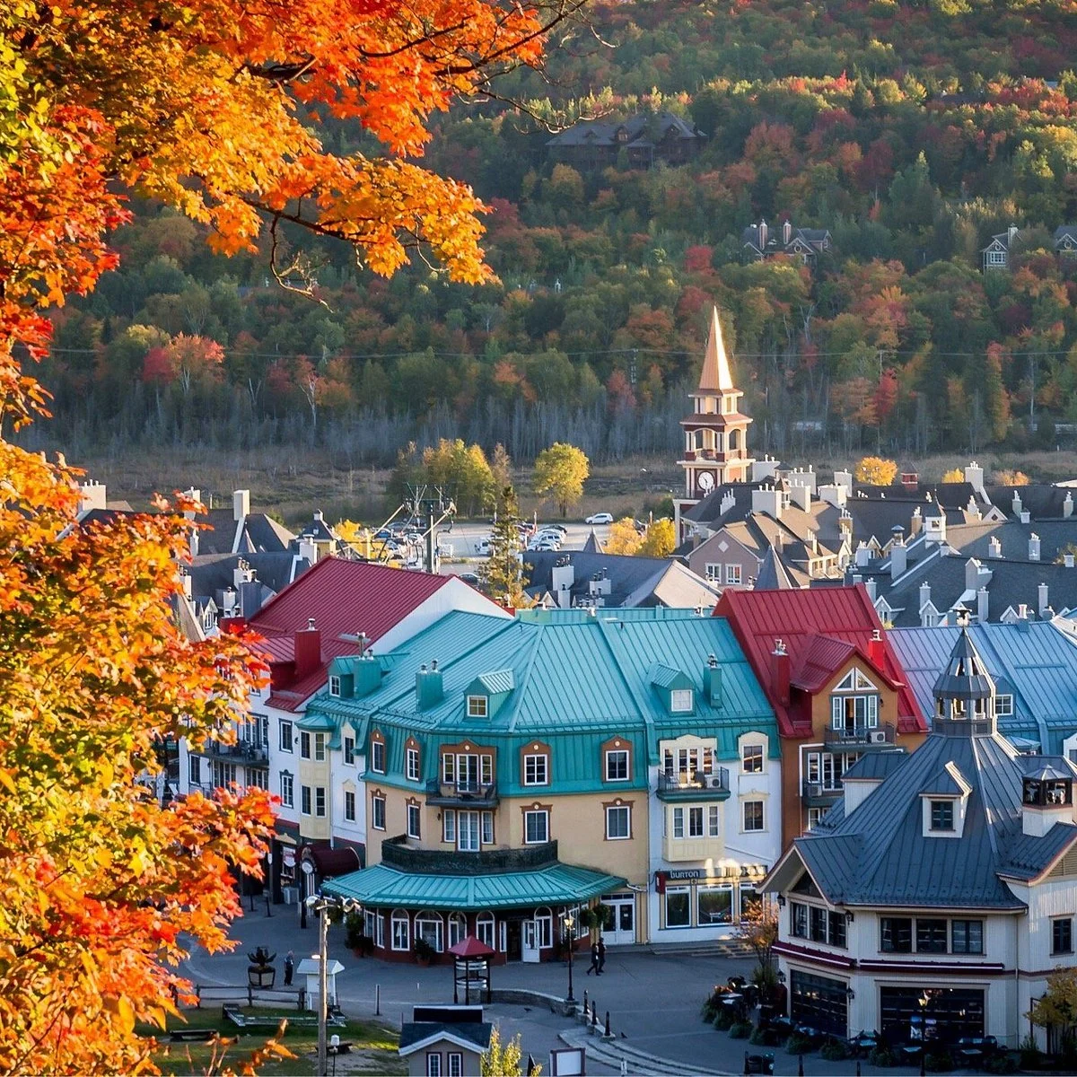A colorful town with buildings featuring vibrant blue, red, and beige rooftops, surrounded by autumn trees with orange and yellow leaves, and a forested hill in the background.