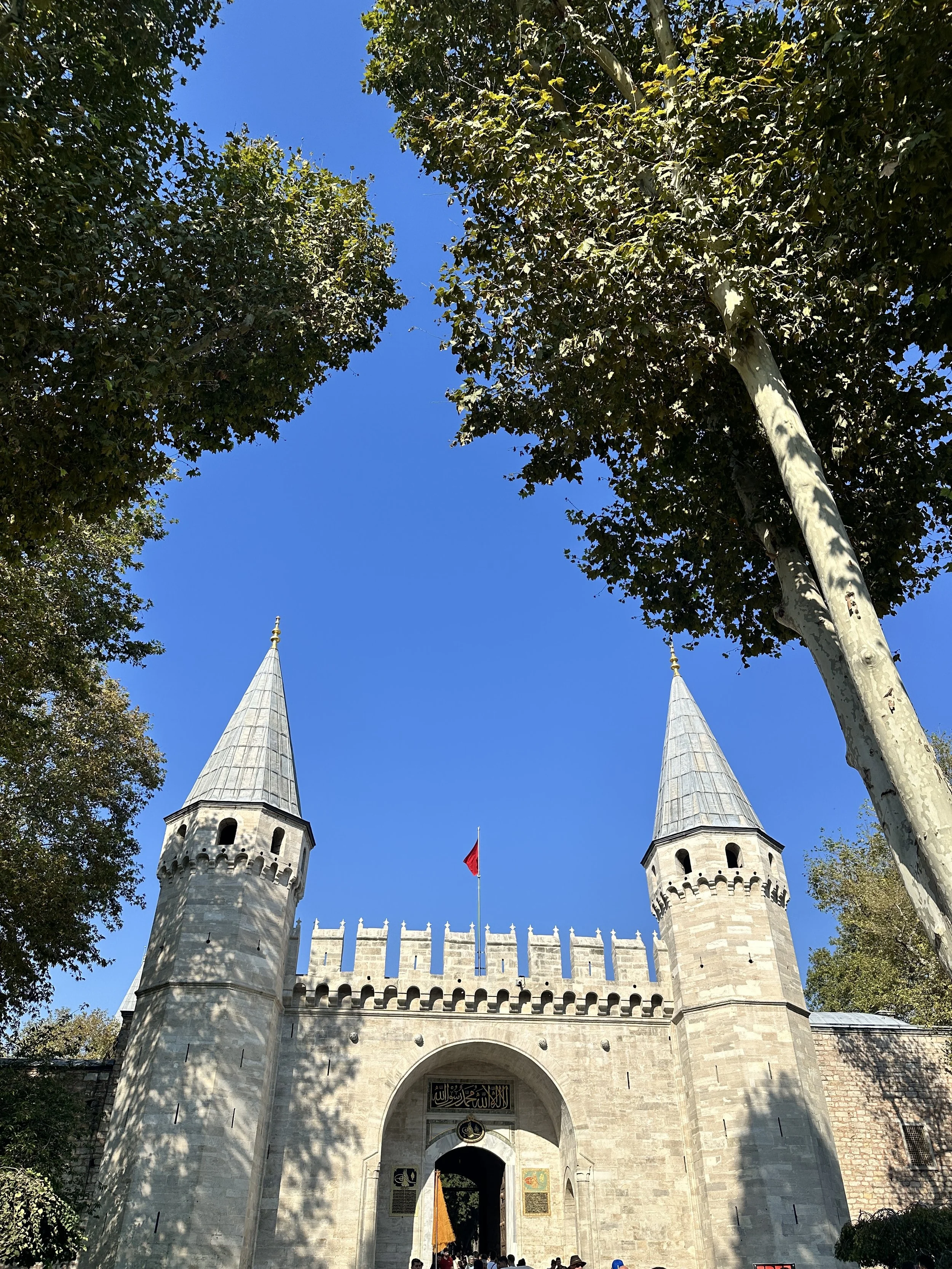 Foot of a historic castle with two tall, pointed towers and a arched entrance, surrounded by tall trees and a clear blue sky.
