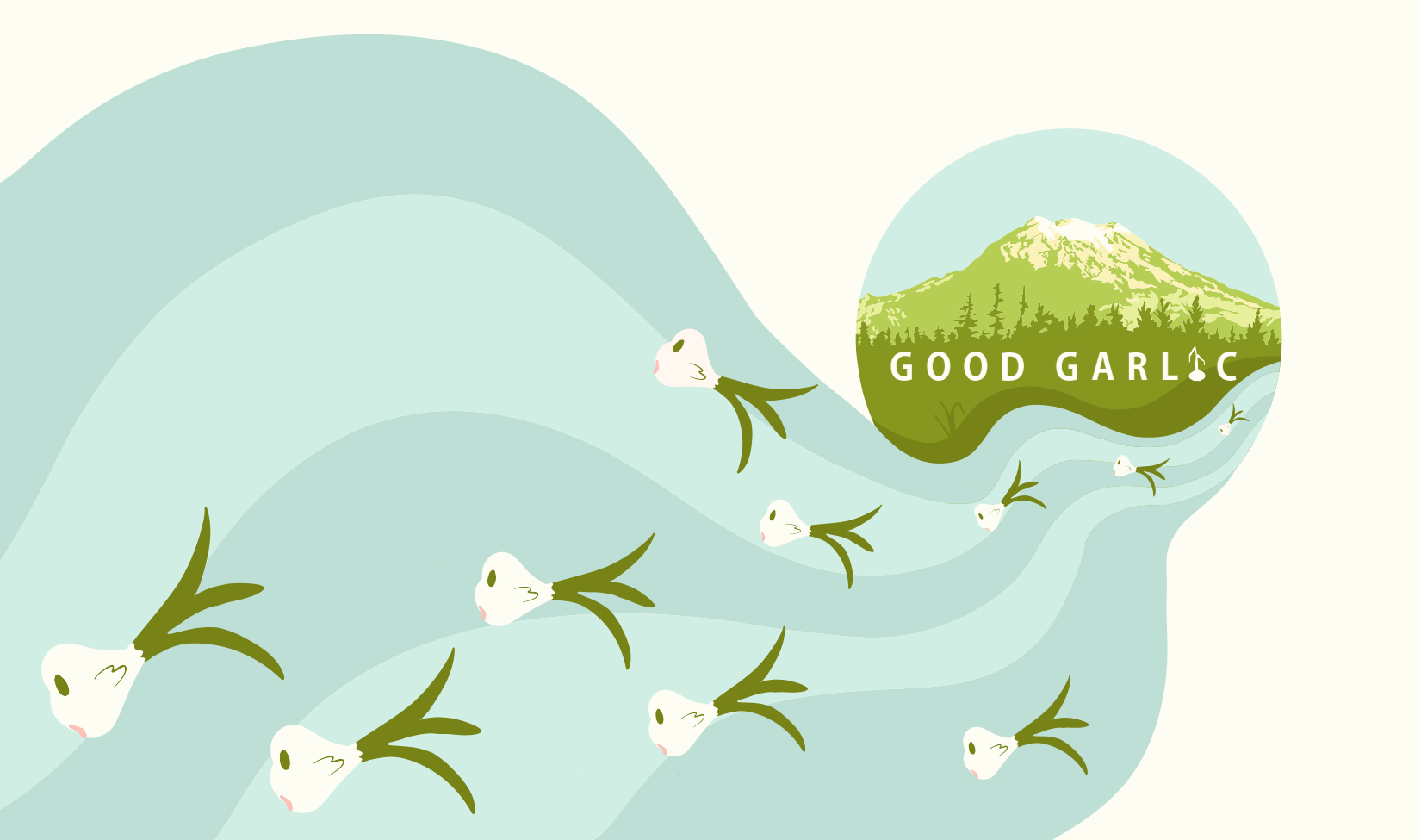 Illustration of flying garlic bulbs with mountain and forest background, and text "Good Garlic".