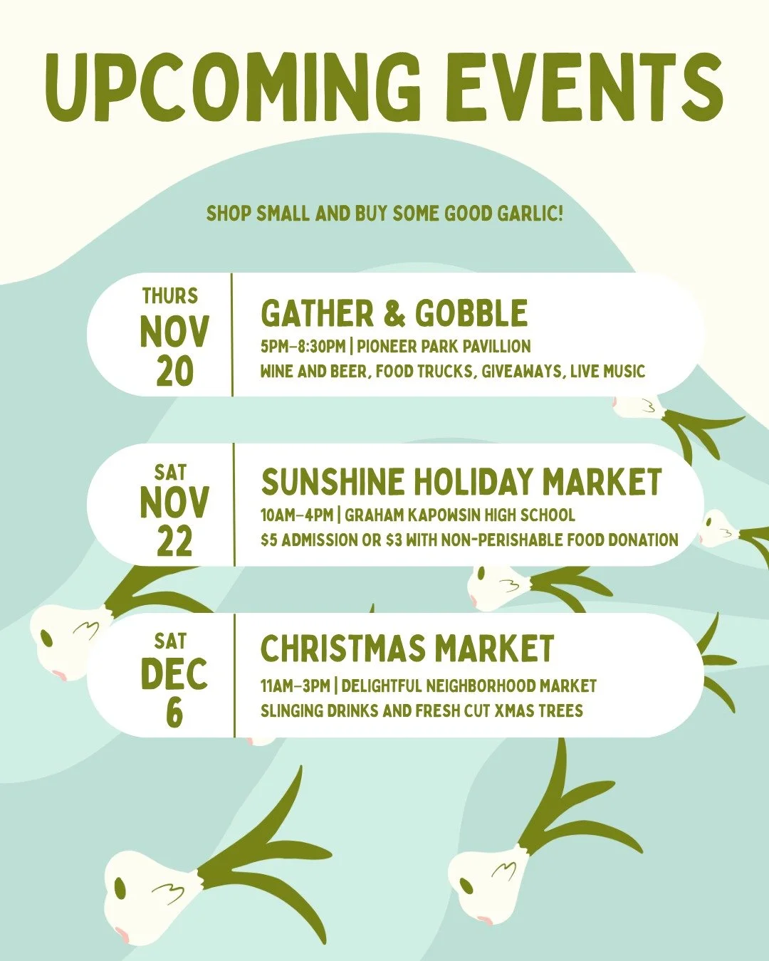 I&rsquo;m so excited to be included in THREE amazing upcoming markets! Come by, say hi, and shop small this holiday season!

Here&rsquo;s where you can find me:
📍 Nov 20 &mdash; Gather &amp; Gobble at Pioneer Park Pavilion @puyallupnightmarket 
📍 N