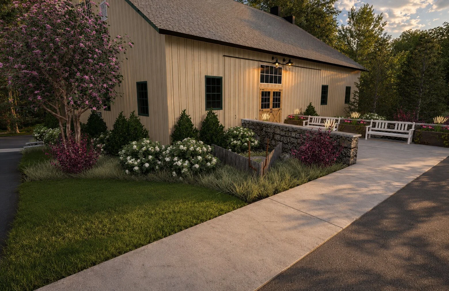 A wedding venue barn landscape design