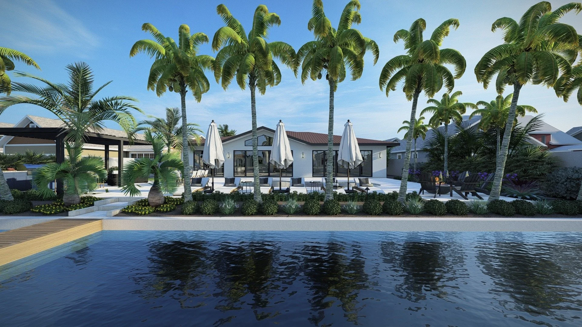 Modern waterfront home outdoor living 3D design