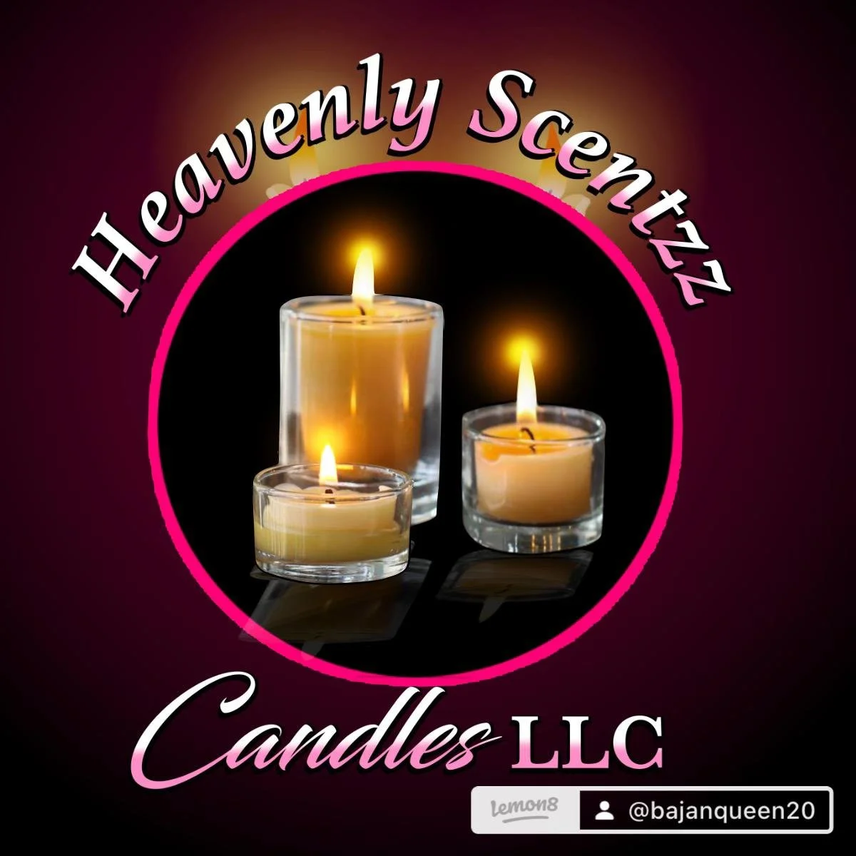 A logo for Heavenly Scentz Candles LLC featuring three glowing candles of varying sizes inside a pink circle on a dark background. The company name is curved above and below the candles, with