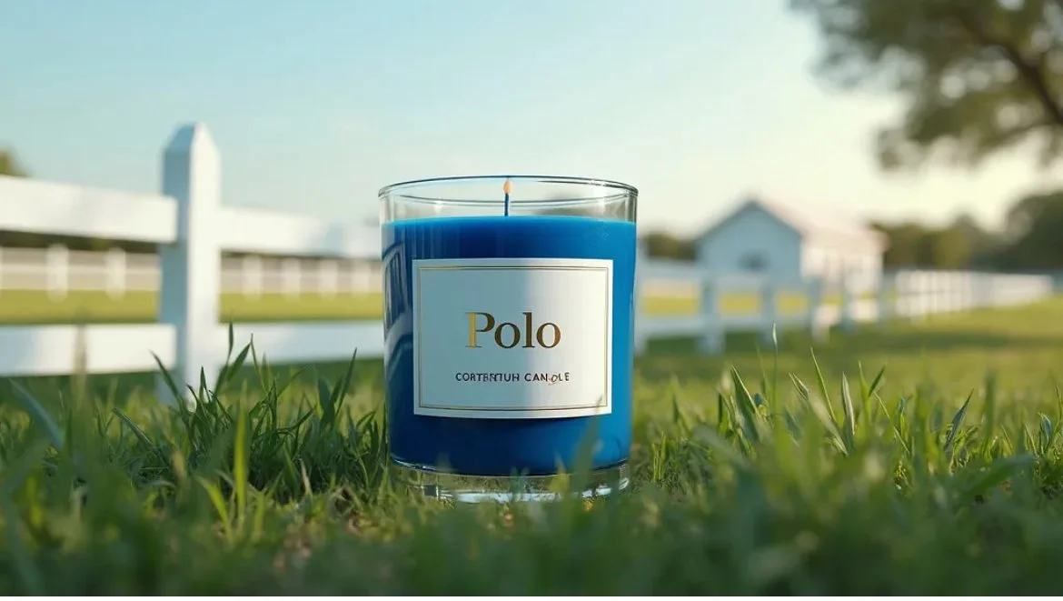 Blue scented candle labeled 'Polo' on grass with a white fence and house in the background.