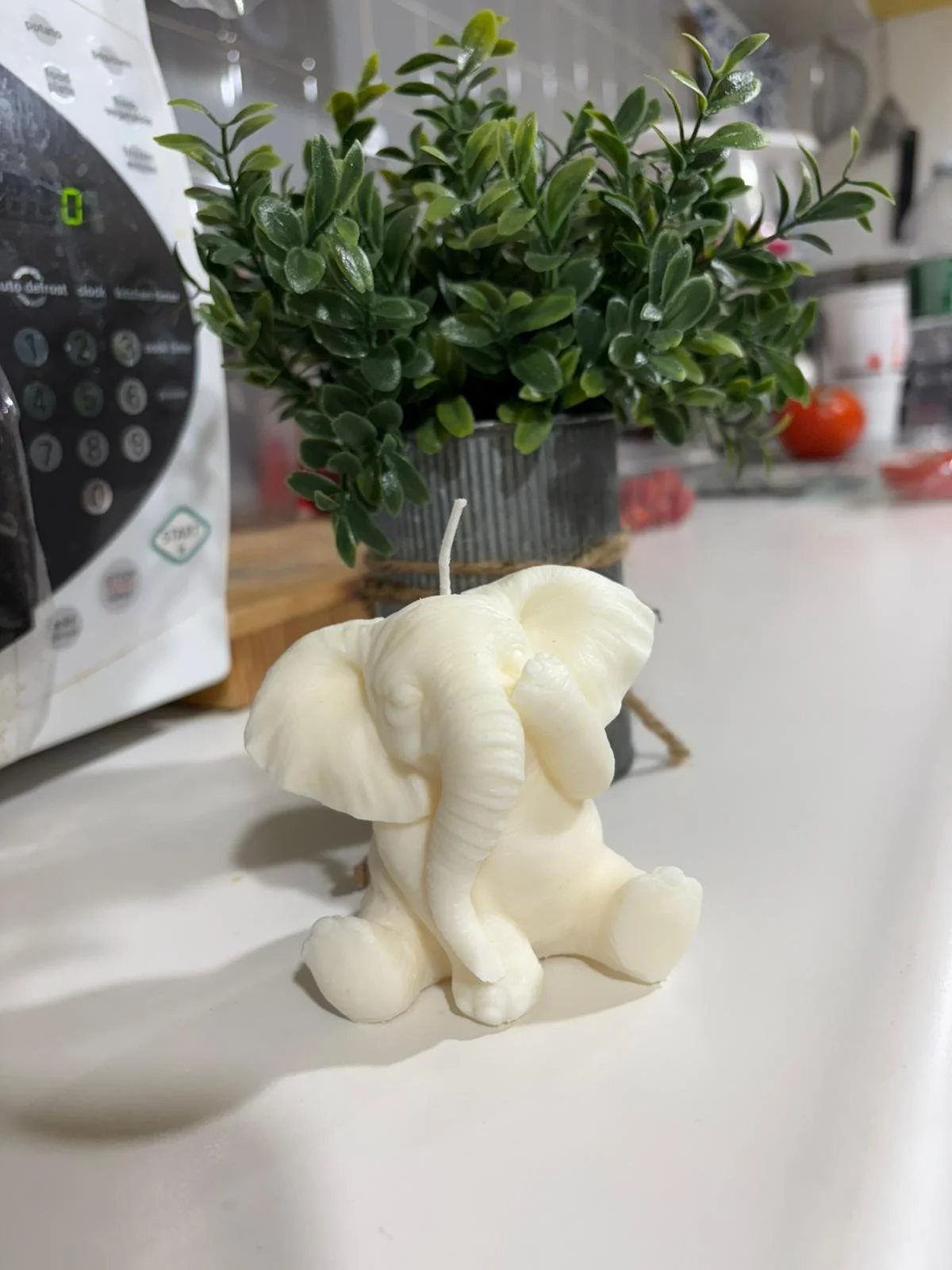 A white elephant-shaped candle on a white surface with a potted green plant and kitchen appliances in the background.
