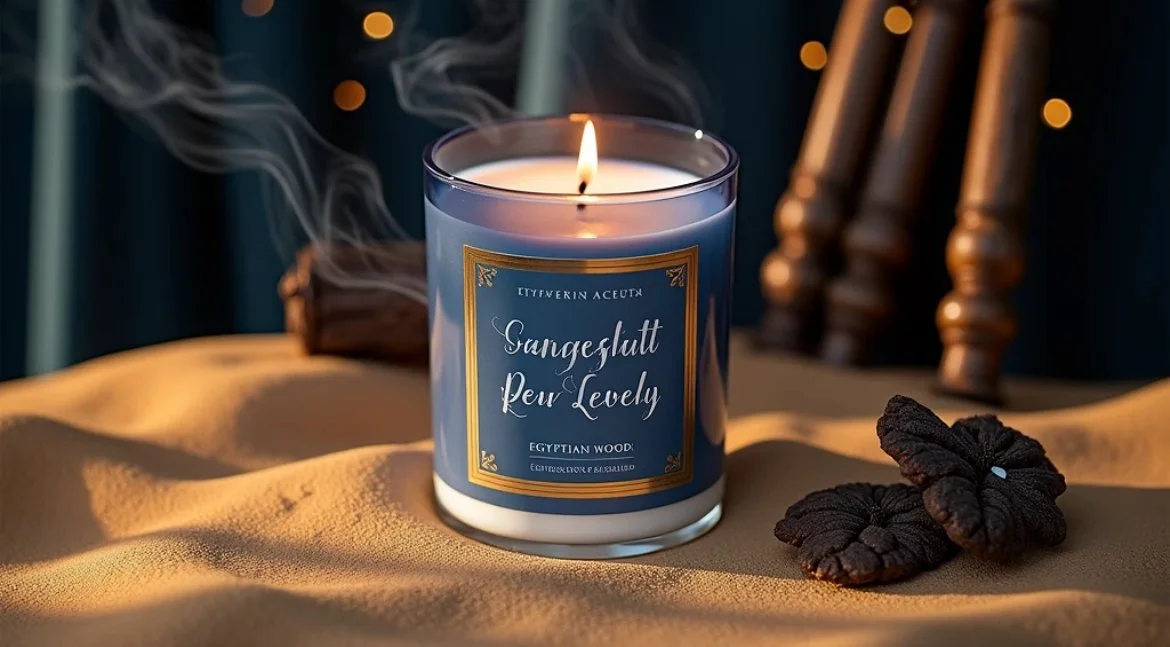 A lit candle with a blue label labeled "Sanguslutt Pew Lovely" sits on a yellow fabric, with two dark, textured objects resembling dried mushrooms or fungi next to it. There are blurred warm lights in the background and wooden chair spindles.