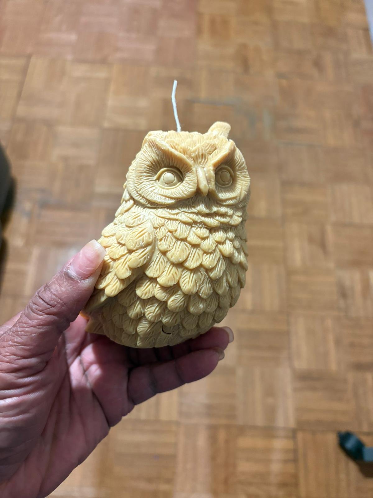A carved yellow candle in the shape of an owl with detailed feathers and large eyes, held in a person's hand against a wooden floor background.