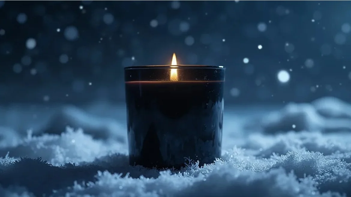 A black candle with a lit flame placed on snow with falling snowflakes in the background.