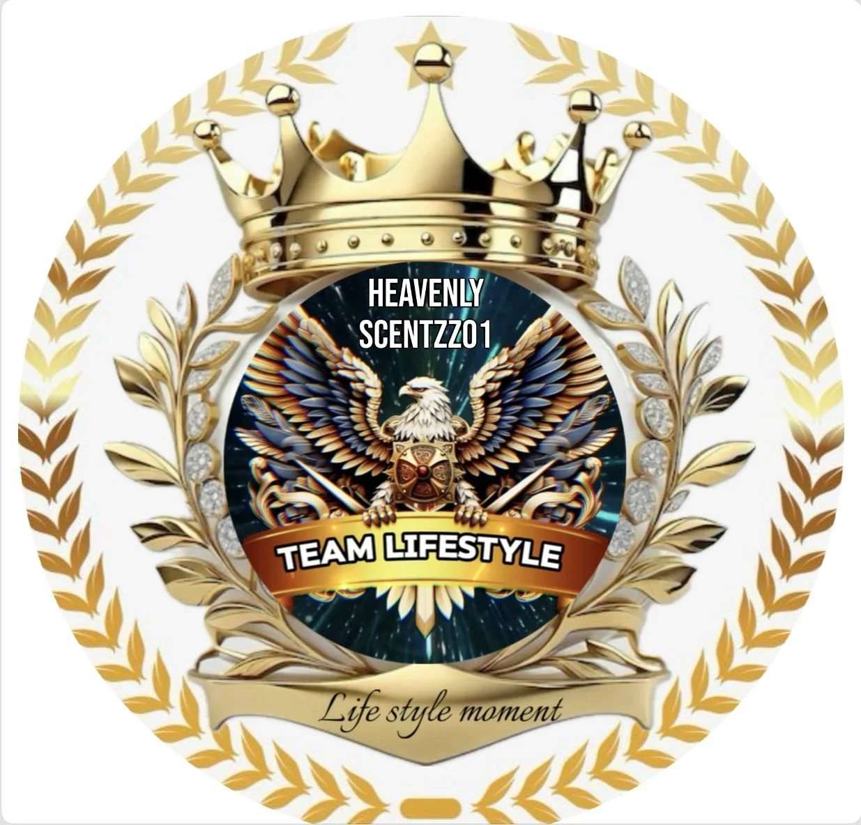 A golden crest with a crown on top, featuring a shield with an eagle, surrounded by gold laurel branches. Text on the crest includes the username 'HEAVENLY SCENTZZ0 1', 'TEAM LIFESTYLE', and the phrase 'Lifestyle moment' at the bottom.