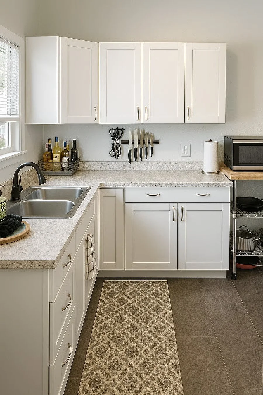 Bright kitchen workspace with modern cabinetry and easy-to-clean surfaces.