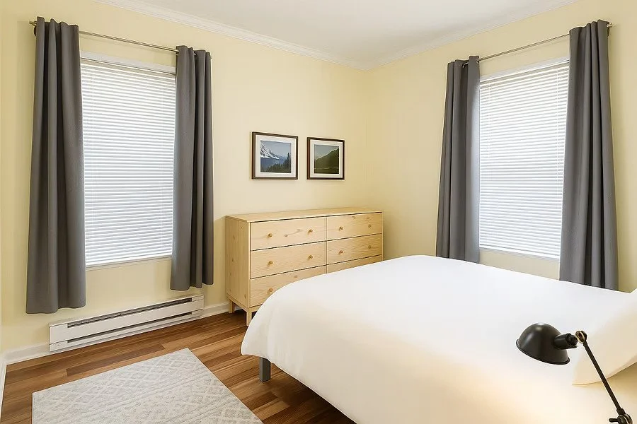Calm, comfortable bedroom with a queen bed, blackout curtains (or open to let natural light in), soft linens and ample storage for longer stays.