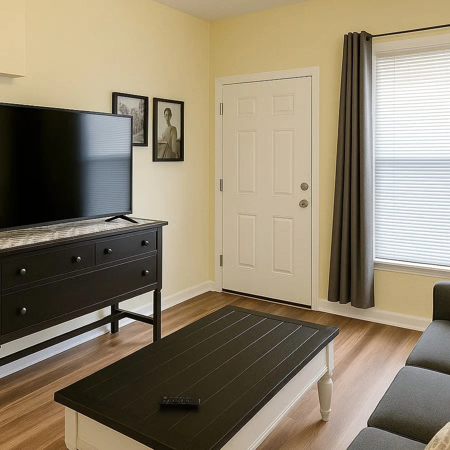 Quiet, light-filled living space with comfortable seating and a functional layout designed for extended stays.