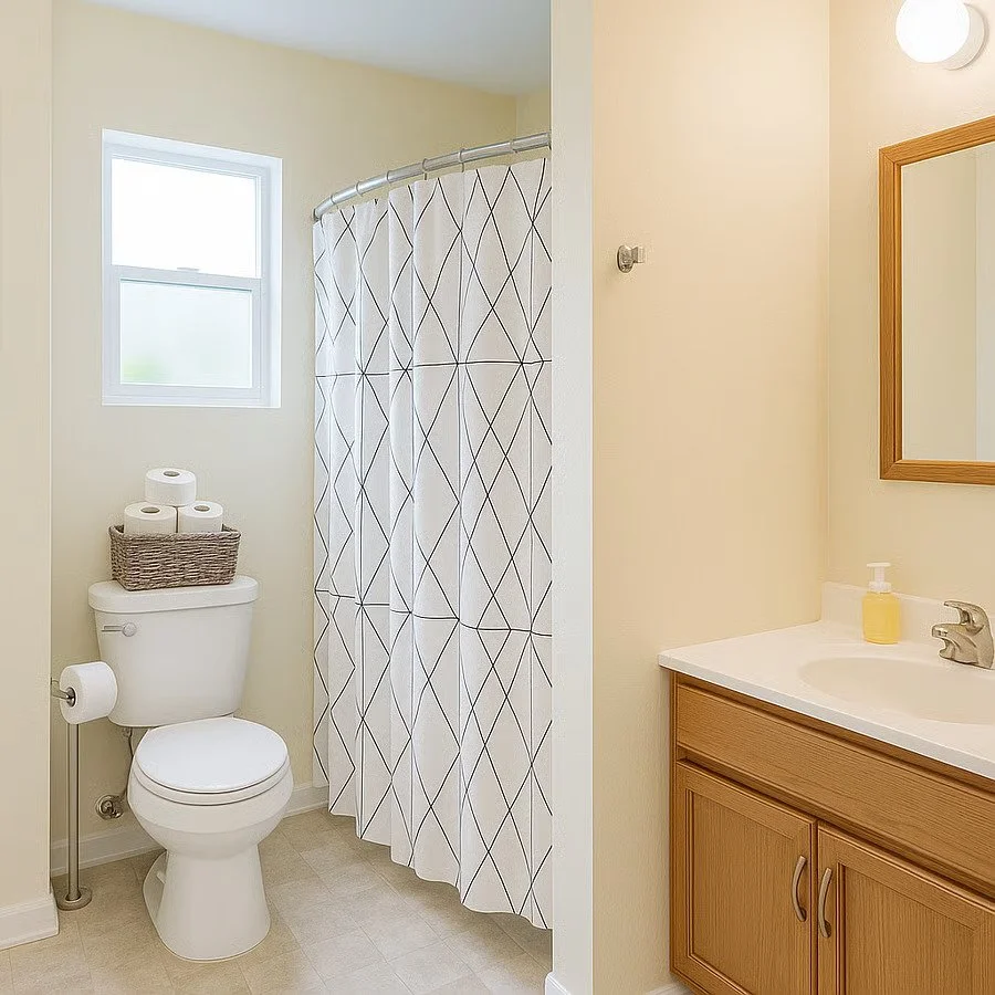 Clean, well-maintained bathroom with tub/shower combo and fresh towels provided.