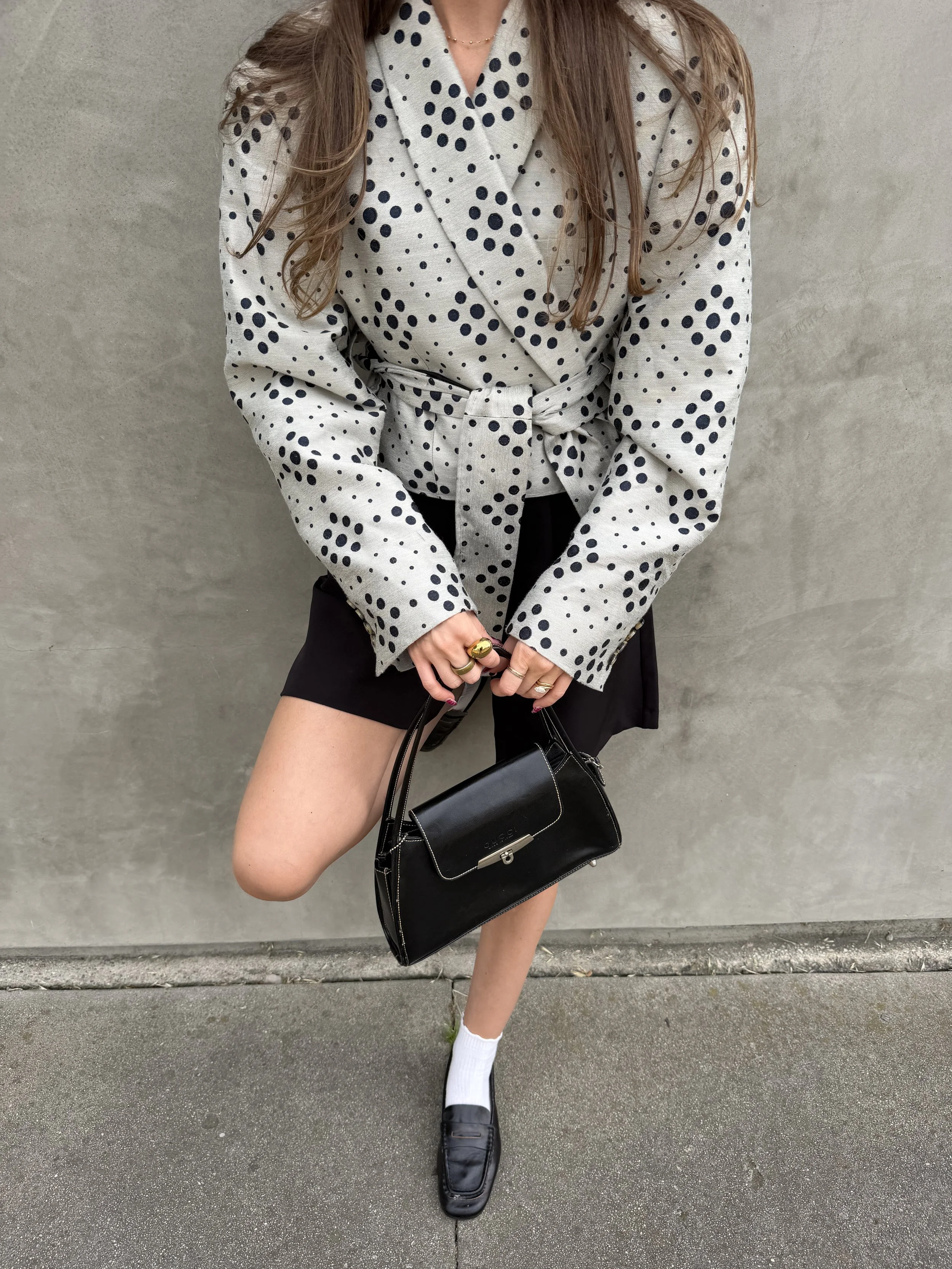 Refined Wrap Blazer - Gray Polka Dot