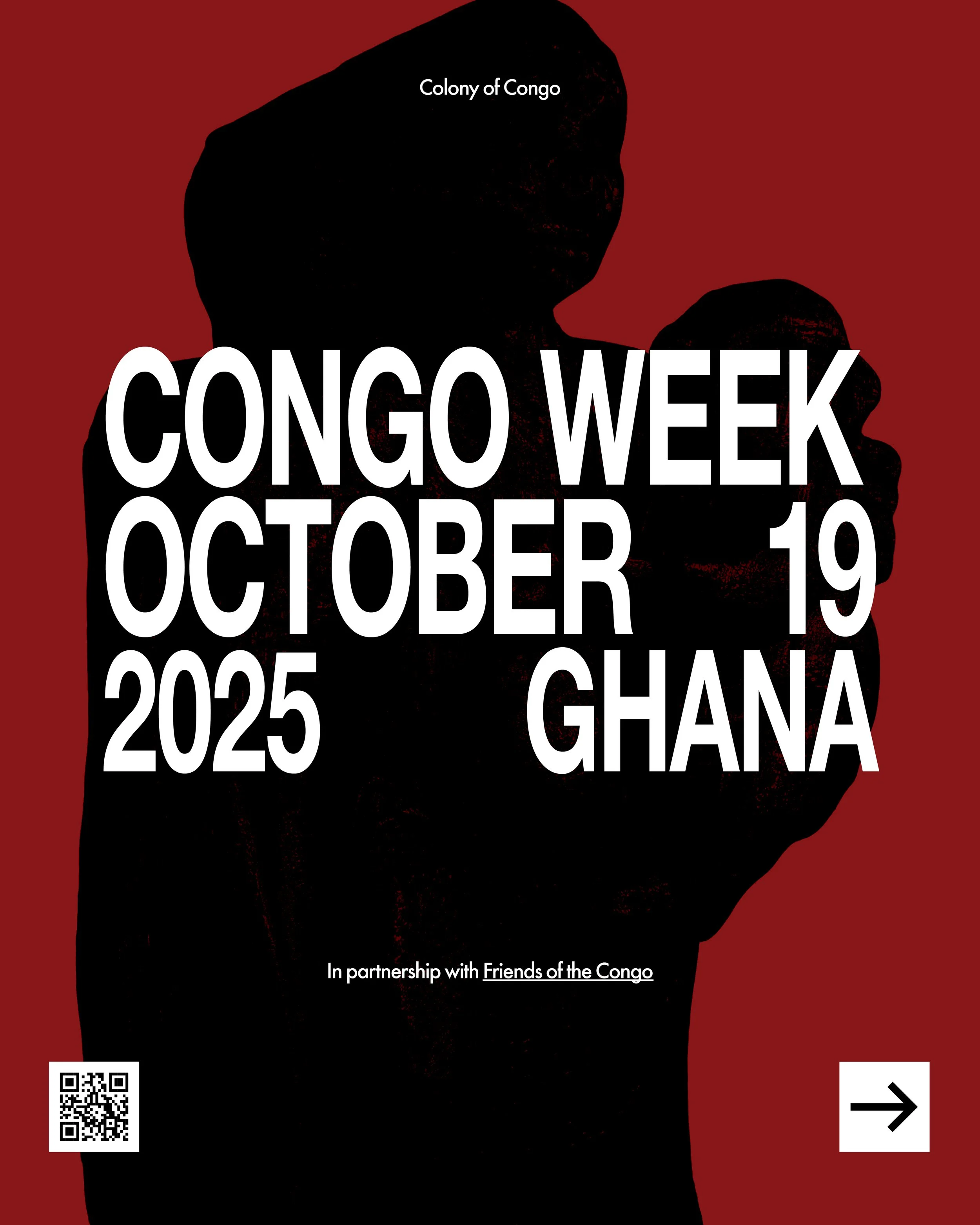 Promotion poster for Congo Week in October 2025, featuring a silhouette of a person with a red background, text about the event, a QR code, and a right arrow icon.
