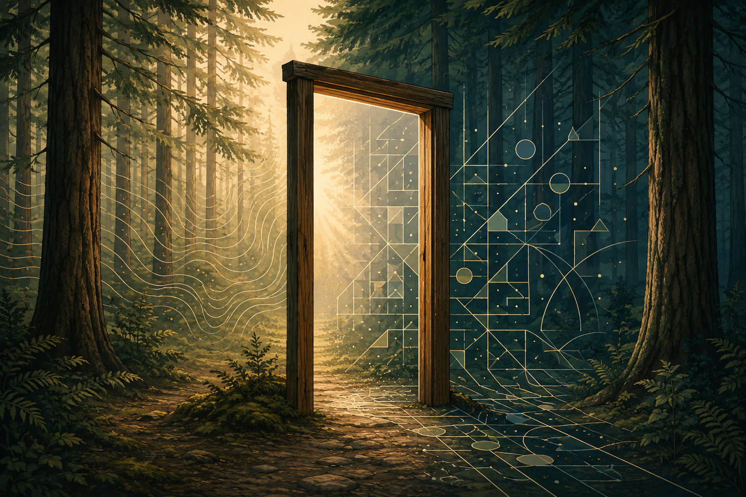 An open wooden doorway in a cedar forest with warm light shining through.  (Created by generative AI.)