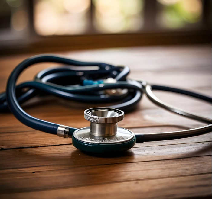 Dark blue and silver stethoscope resting on a wooden table.