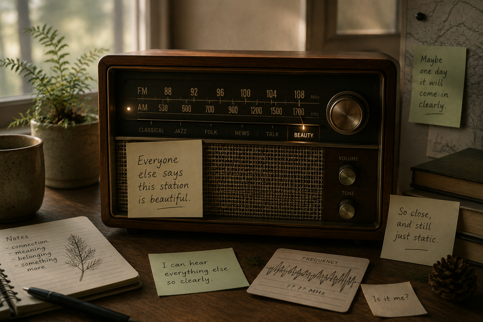 An antique radio beneath a lamp with its dial between stations.