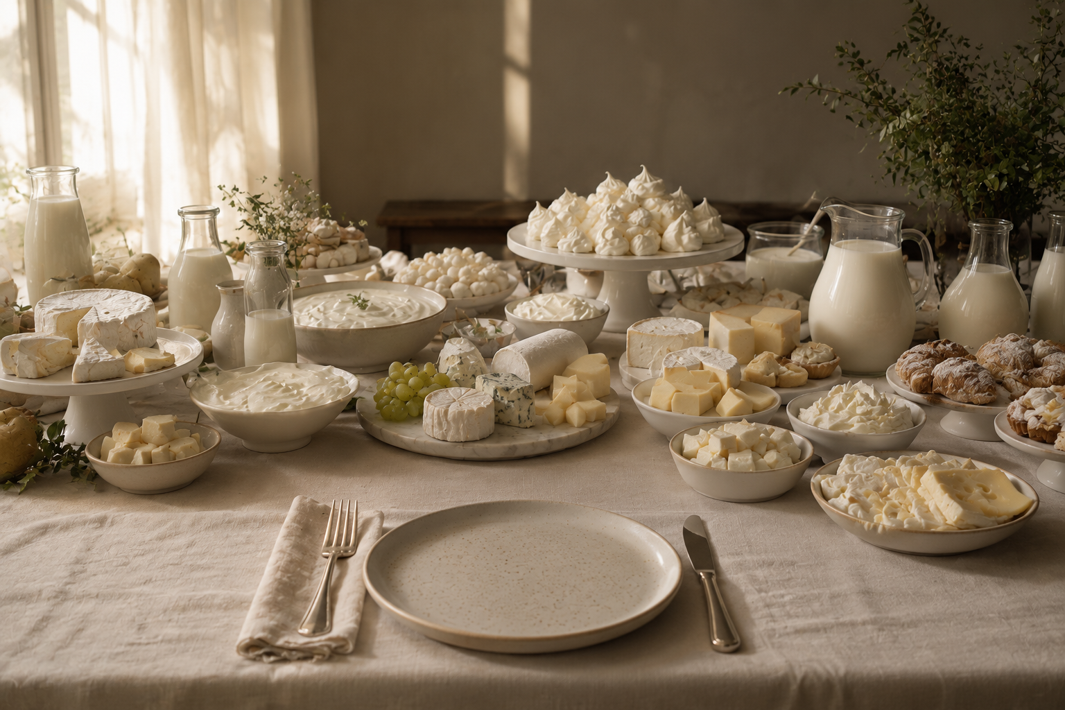 A banquet table filled with dairy foods and one empty plate.