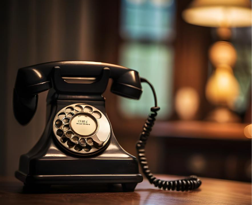 Black vintage rotary telephone on a wooden table in a warmly lit room.