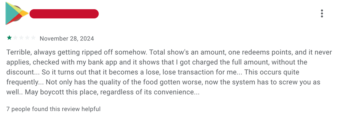 Screenshot of a negative online review about a restaurant or food service, mentioning issues with discounts, billing, food quality, and system problems.