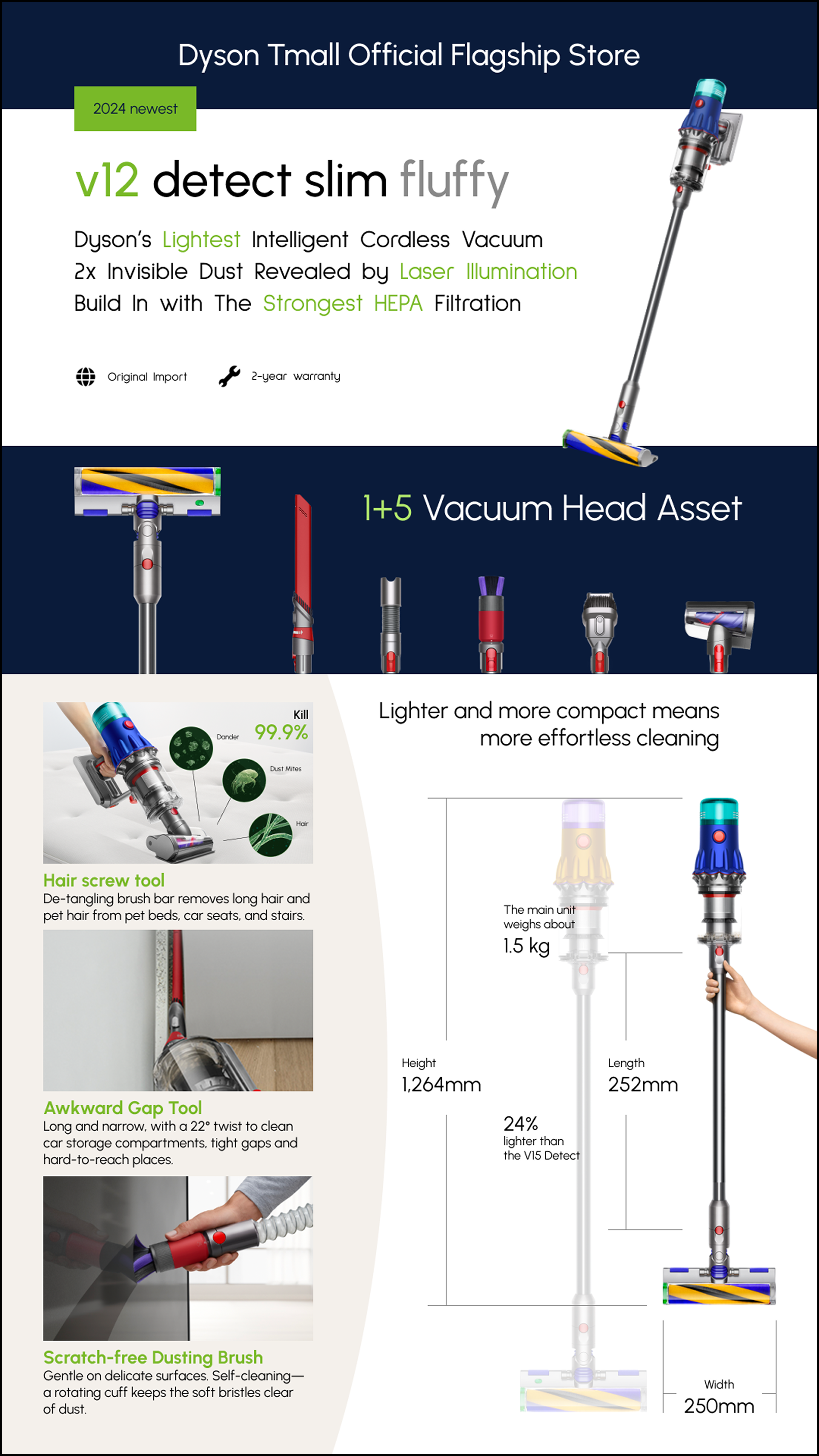Advertisement for Dyson V12 Detect Slim Fluffy cordless vacuum cleaner, highlighting its features and various vacuum head attachments, including a hair screw tool, awkward gap tool, and scratch-free dusting brush.