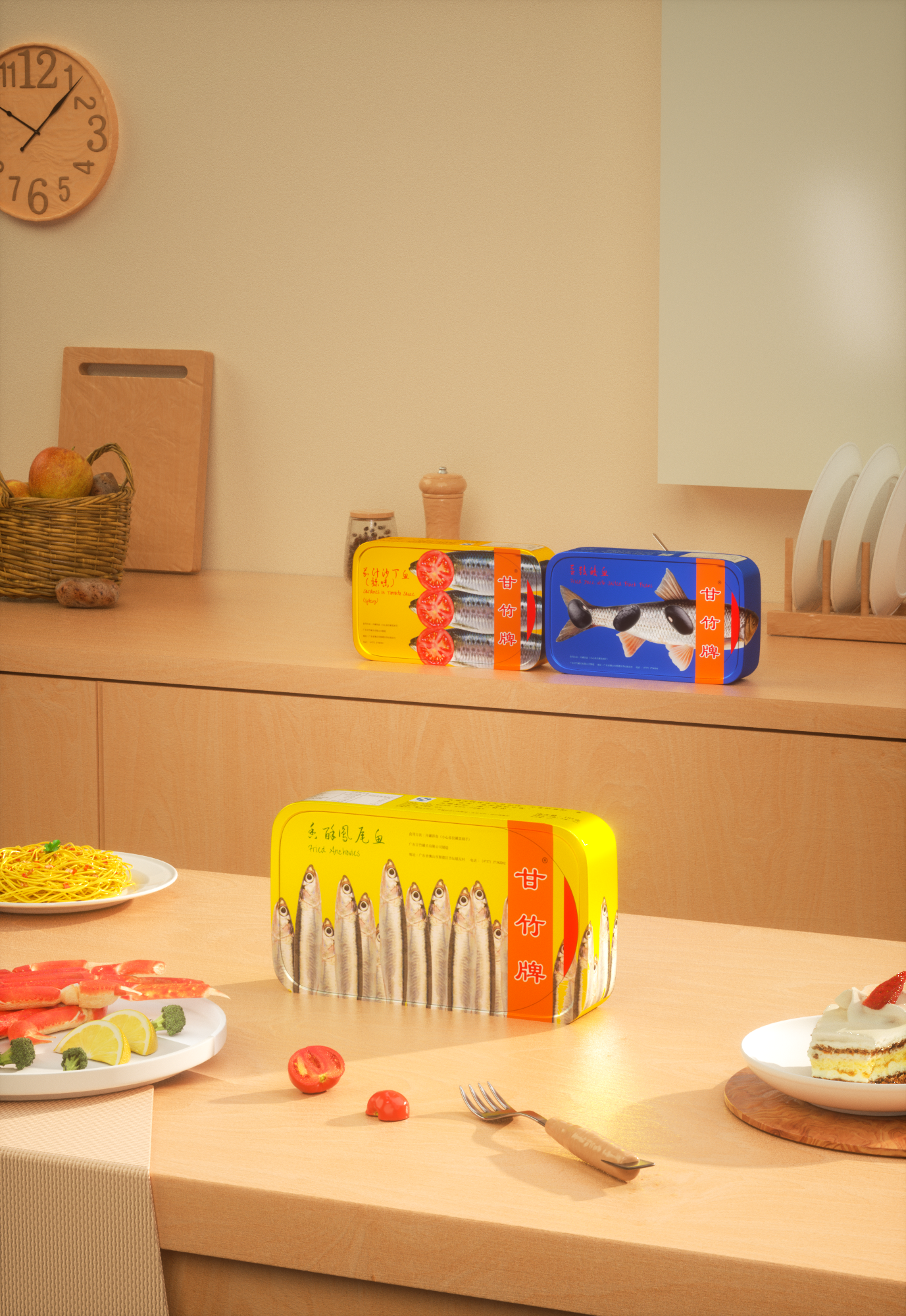 Assorted canned fish products on a wooden table in a kitchen with plates, partial pies, and tomatoes.