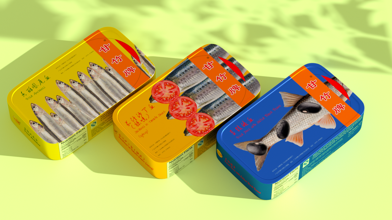 Three tins of fish, including sardines, mackerel, and fish balls, arranged on a yellow surface with shadow.