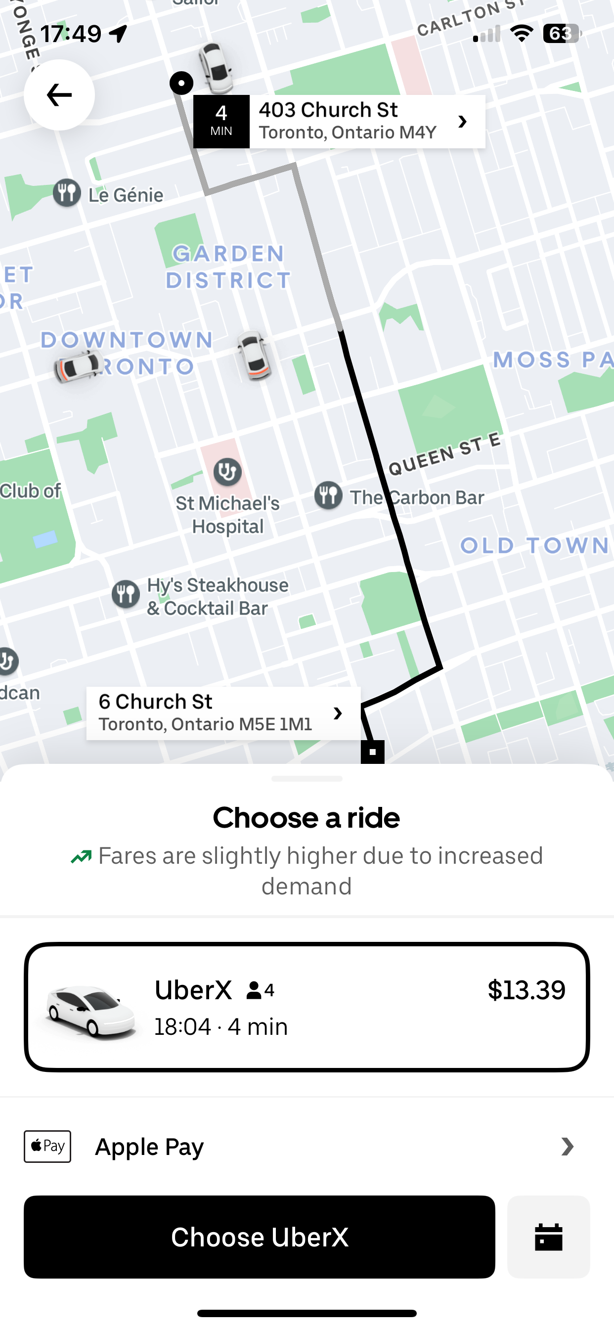 Uber ride map in Toronto showing the route from Church Street to Church Street, with fare and ride details at the bottom.
