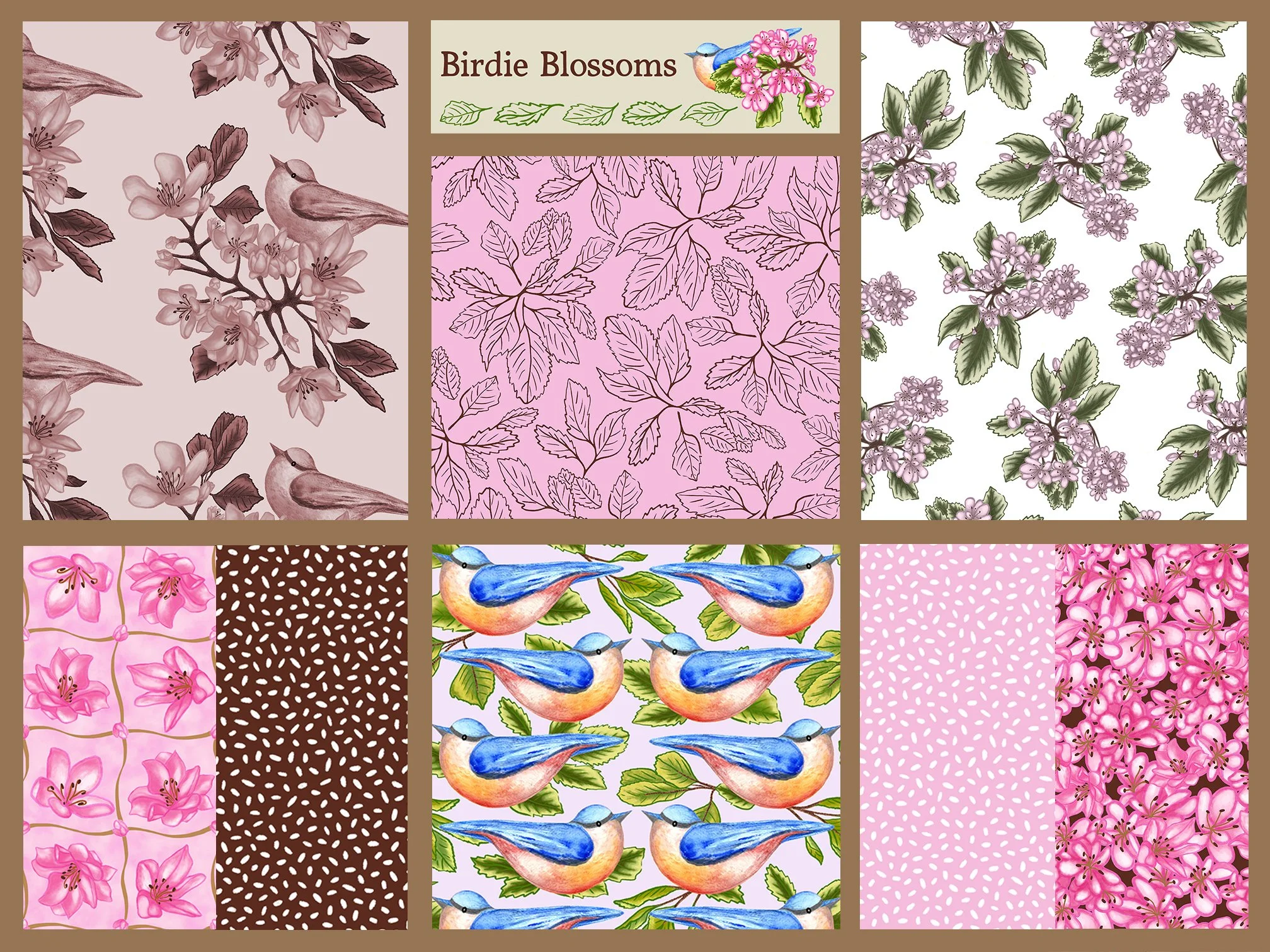 birdie blossoms design collection of 8 patterns of birds, leaves, and flowers with a ditzy birdseed coordinate in both pink or brown