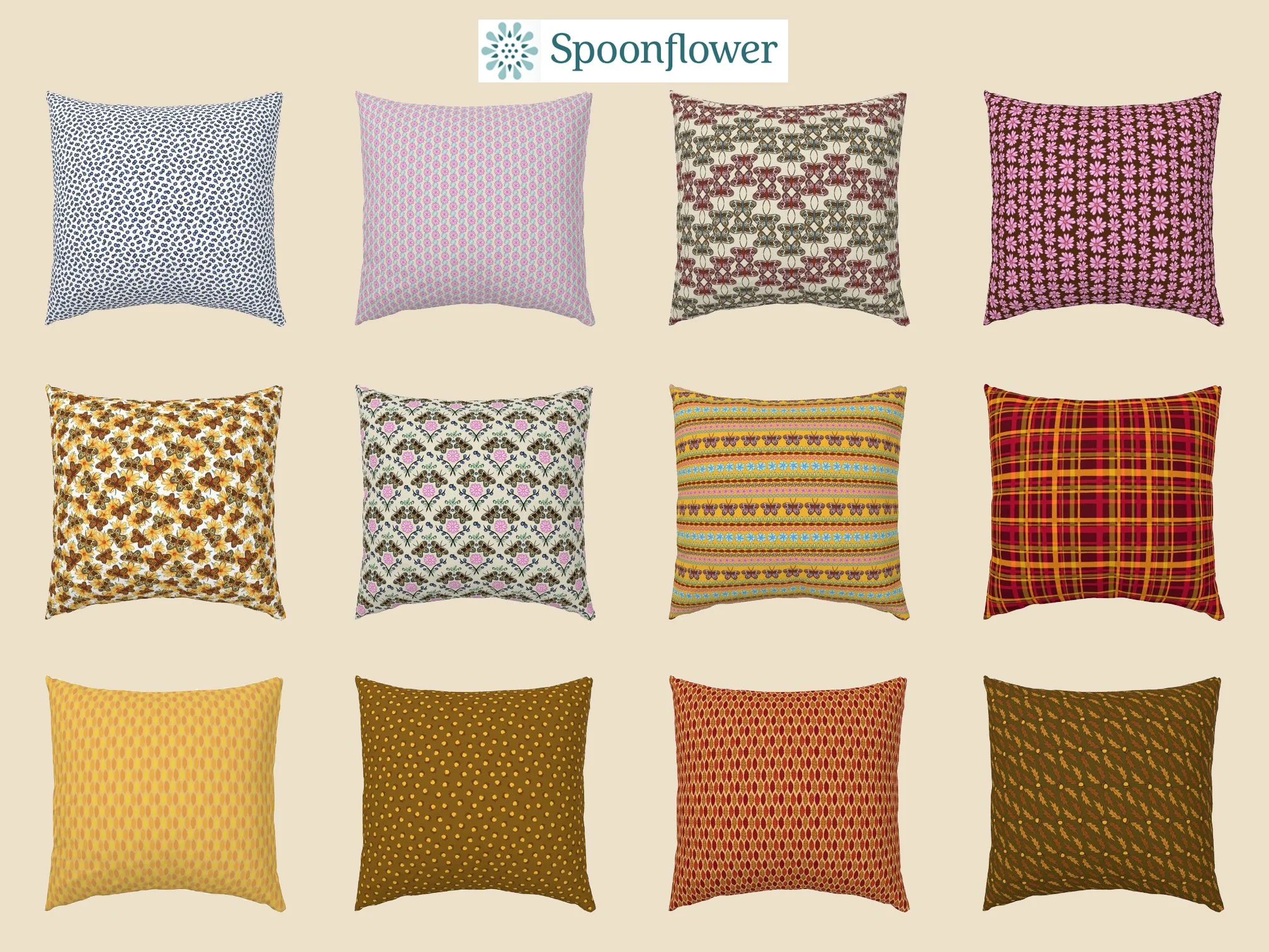 Designer fabric collection on pillows from Spoonflower. Blueberry ditzy pattern. Butterfly floral pillow. Contemporary plaid pillow. Retro pink daisies pillow. Bohemian damask pillow. Acorns and leaves pillow.